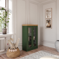 Estante de madeira com 1,19 m na cor verde e cera natural com duas portas de vidro / Coleção biblioteca